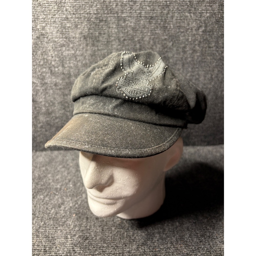 Harley-Davidson Womens Newsboy Cap Faded Black Rhinestone Eagle‎ Biker Hat OS
